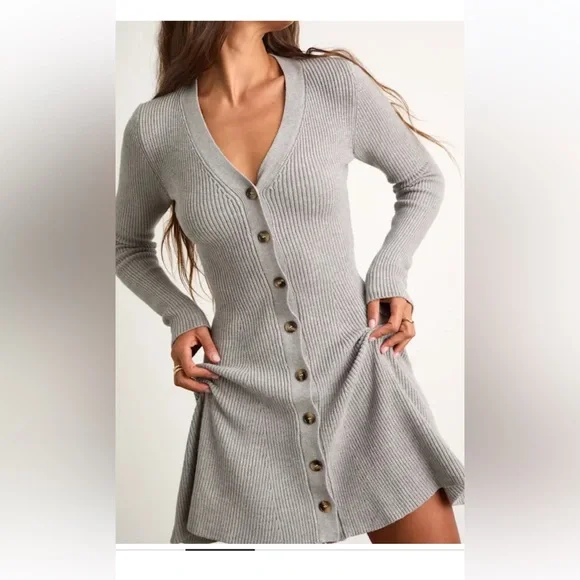 Lulu's Gray Ribbed Button-Front Sweater Dress - Picture 3 of 8